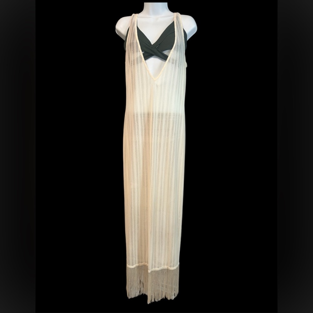 PrettyLittleThing Beige Long See-Thru Fringe Dress - Picture 2 of 6